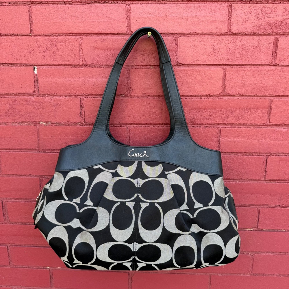 Coach Signature C Monogram Black Silver Canvas Leather Shoulder Bag F18828